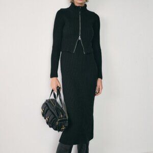 Mango Combined Ribbed Knitted Dress Black Size Large NWOT